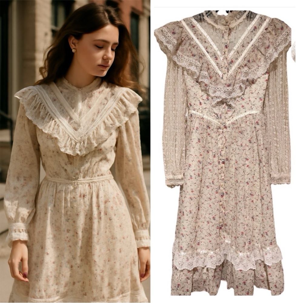 Rare 1970s Gunne Sax by Jessica McClintock Floral Prairie Dress 10 (Juniors)